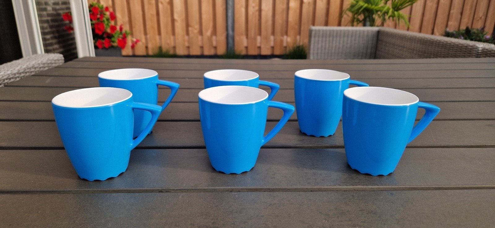 6 Rosti Mepal bekers - Blauw/Wit - 150ml, Caravans en Kamperen, Ophalen of Verzenden, Gebruikt