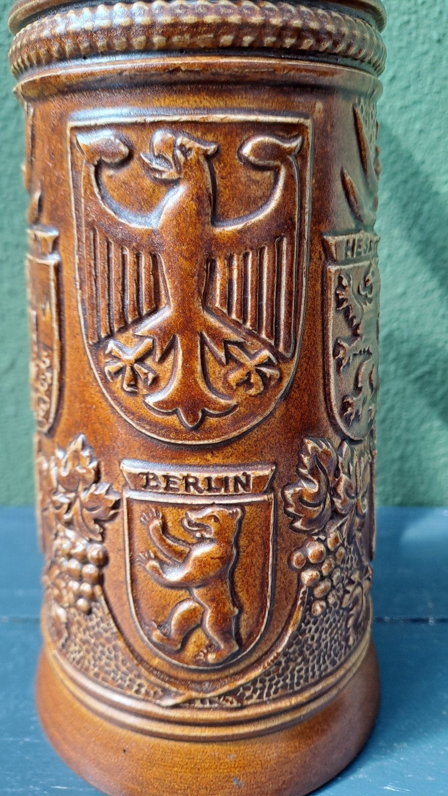Vintage Duitse Bierpul met Wappen en Tinnen Deksel, Ophalen of Verzenden