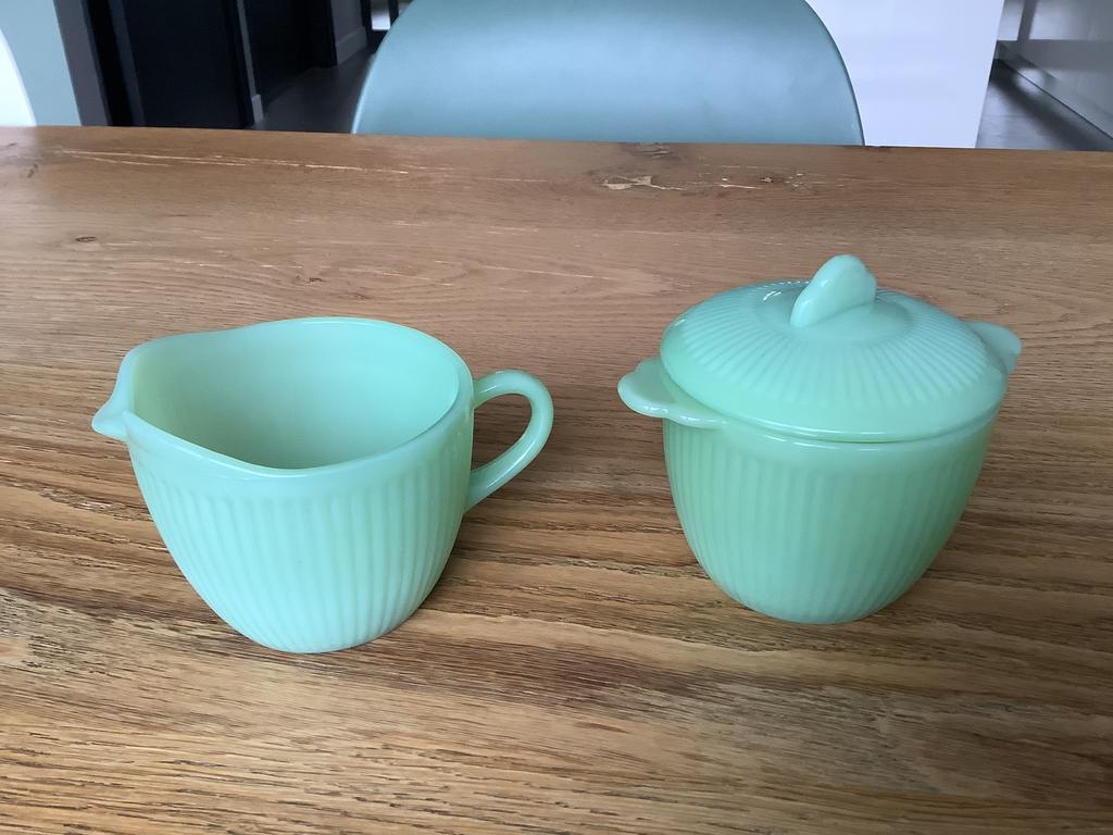 Oven ware Fire King suiker en melk set, Gebruikt, Overige typen, Ophalen of Verzenden, Glas
