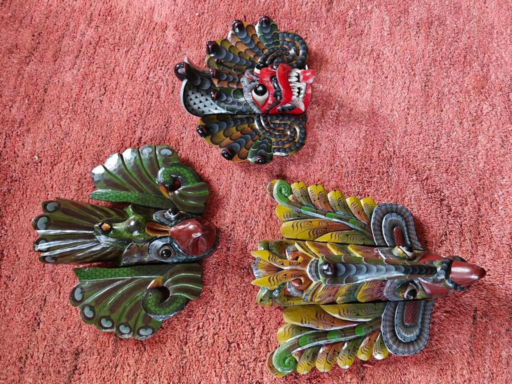 3 handgemaakte Raksha demonen maskers uit Sri Lanka, Huis en Inrichting, Wandsculptuur, Gebruikt, Oosters, Handgemaakt