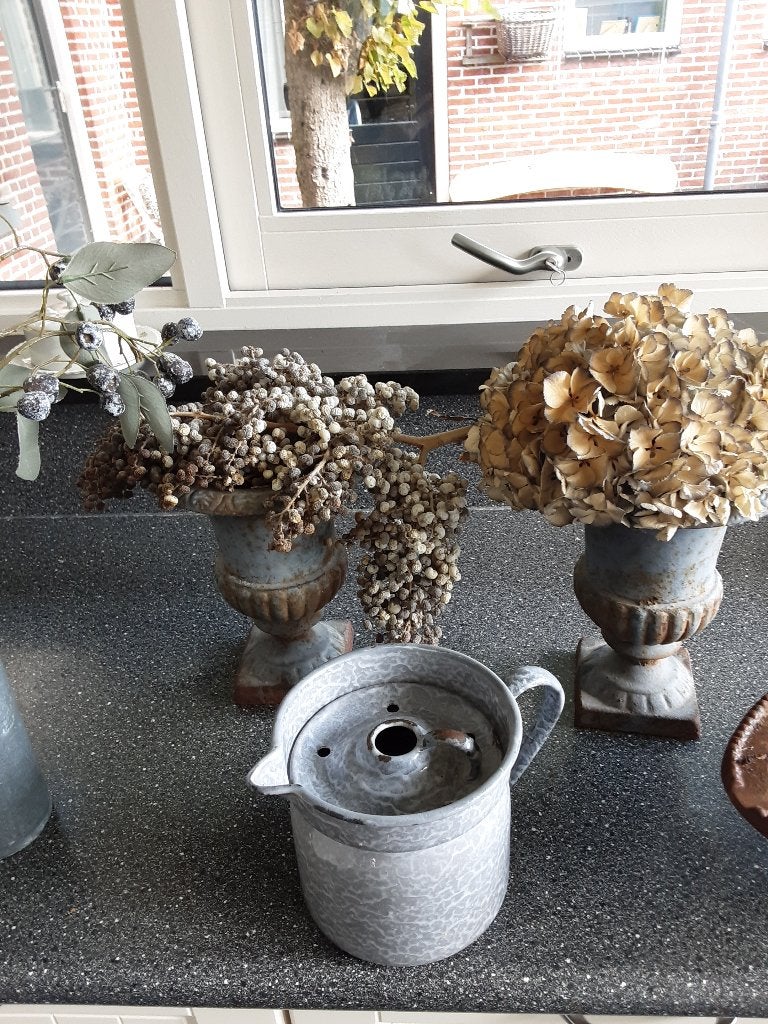 Gietijzeren vazen + schaal, Ophalen of Verzenden, Gebruikt, Grijs, Overige materialen