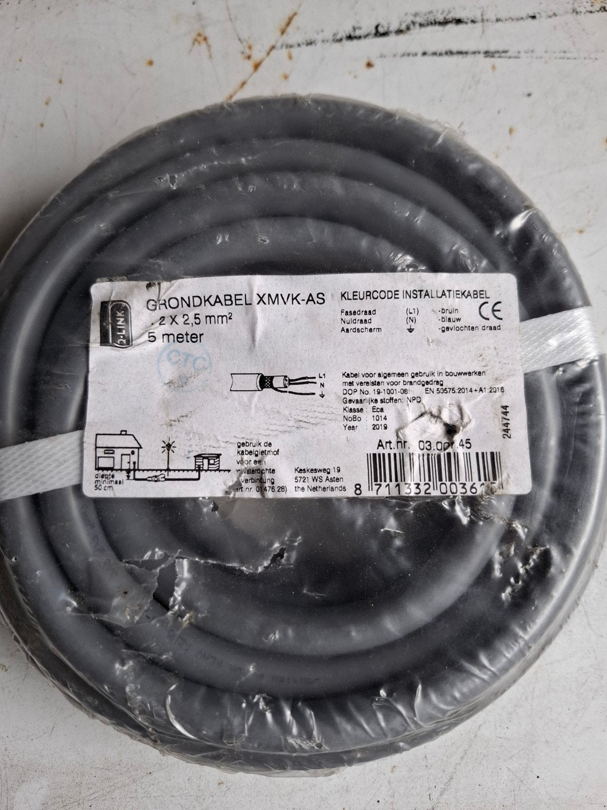 XMVk-AS Grondkabel 2x2.5mm² - 5 Meter, Doe-het-zelf en Verbouw, Ophalen of Verzenden, Nieuw, Overige merken, Kabel of Snoer