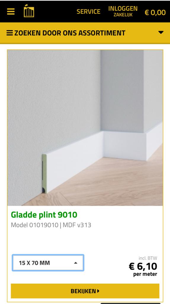 Gladde plint 9010 - MDF v313 - 15 x 70 mm, 4 stuks à 2,44 m, Ophalen, Nieuw, Mdf, 200 tot 250 cm