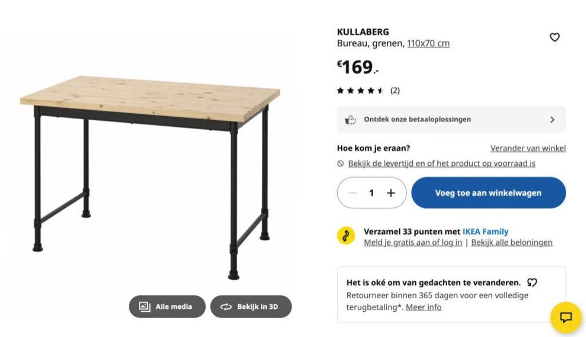 ✅IKEA KULLABERG N bureau 110x70 grenen twv € 169, Huis en Inrichting, Bureaus, Ophalen, Zo goed als nieuw