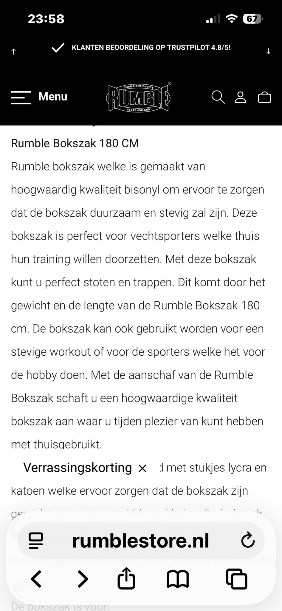 Rumble Bokszak 1.80m - Zo goed als nieuw, Ophalen, Zo goed als nieuw, Overige, Vechtsportmateriaal