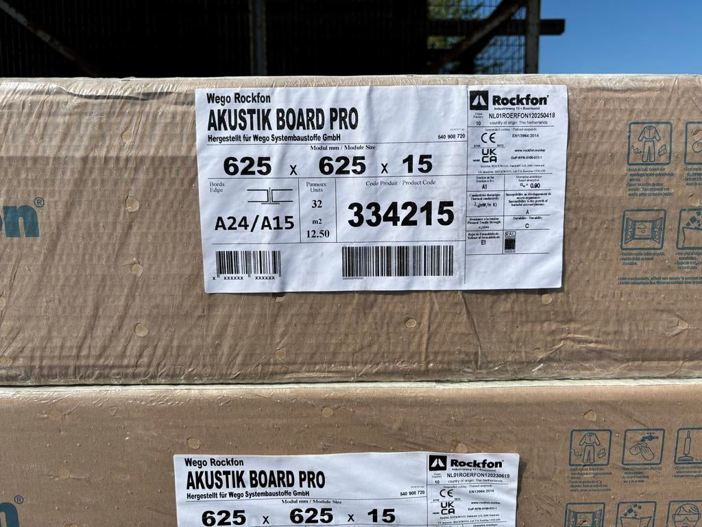 Rockfon Akustik Board Pro 625x625x15mm - 87,5 m2, Ophalen, Nieuw, Overige materialen, Minder dan 20 mm