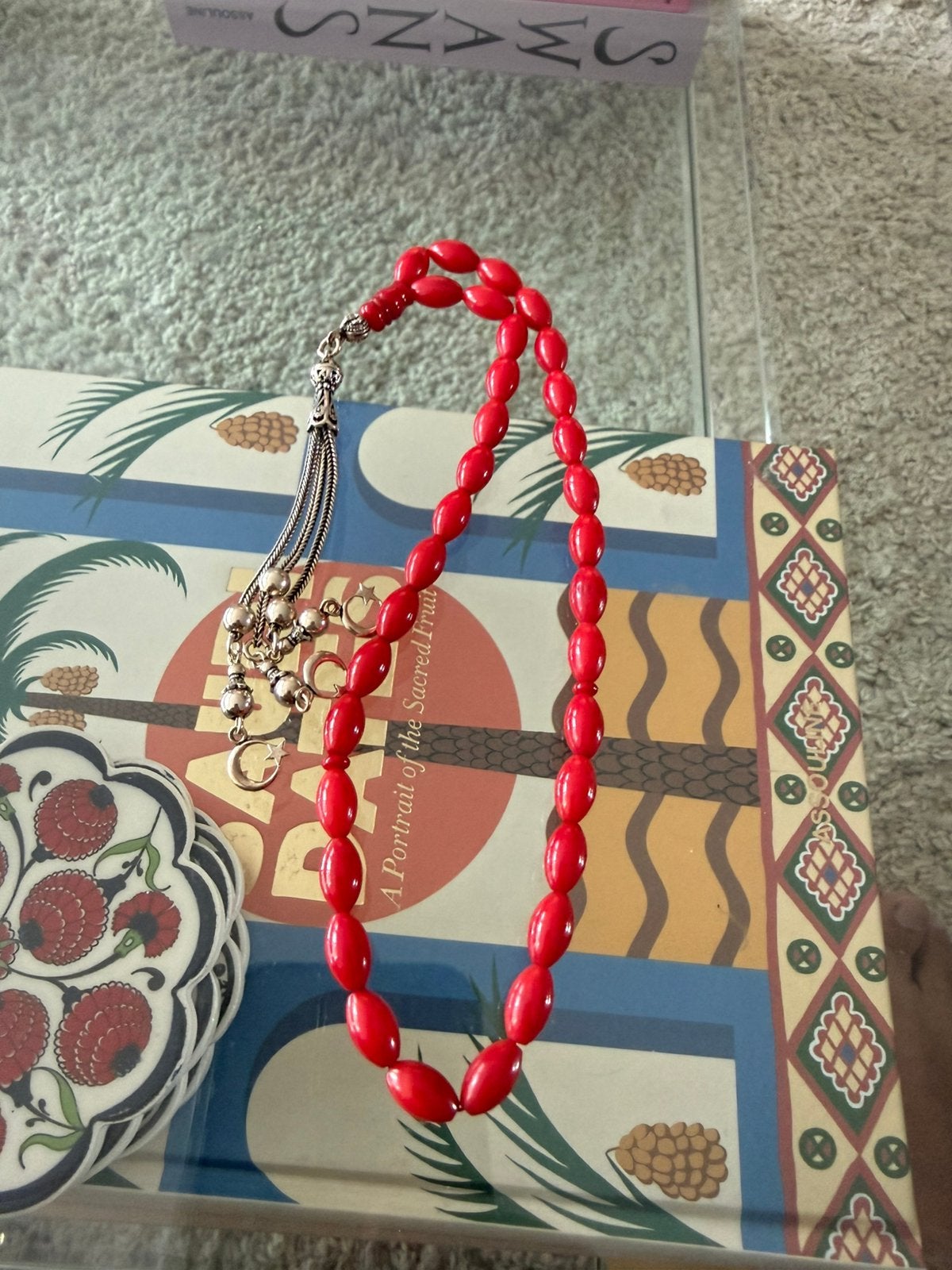 Rode Gebedskralen Tasbih met Zilveren Kwast, Ophalen of Verzenden, Gebruikt, Rood, Overige materialen