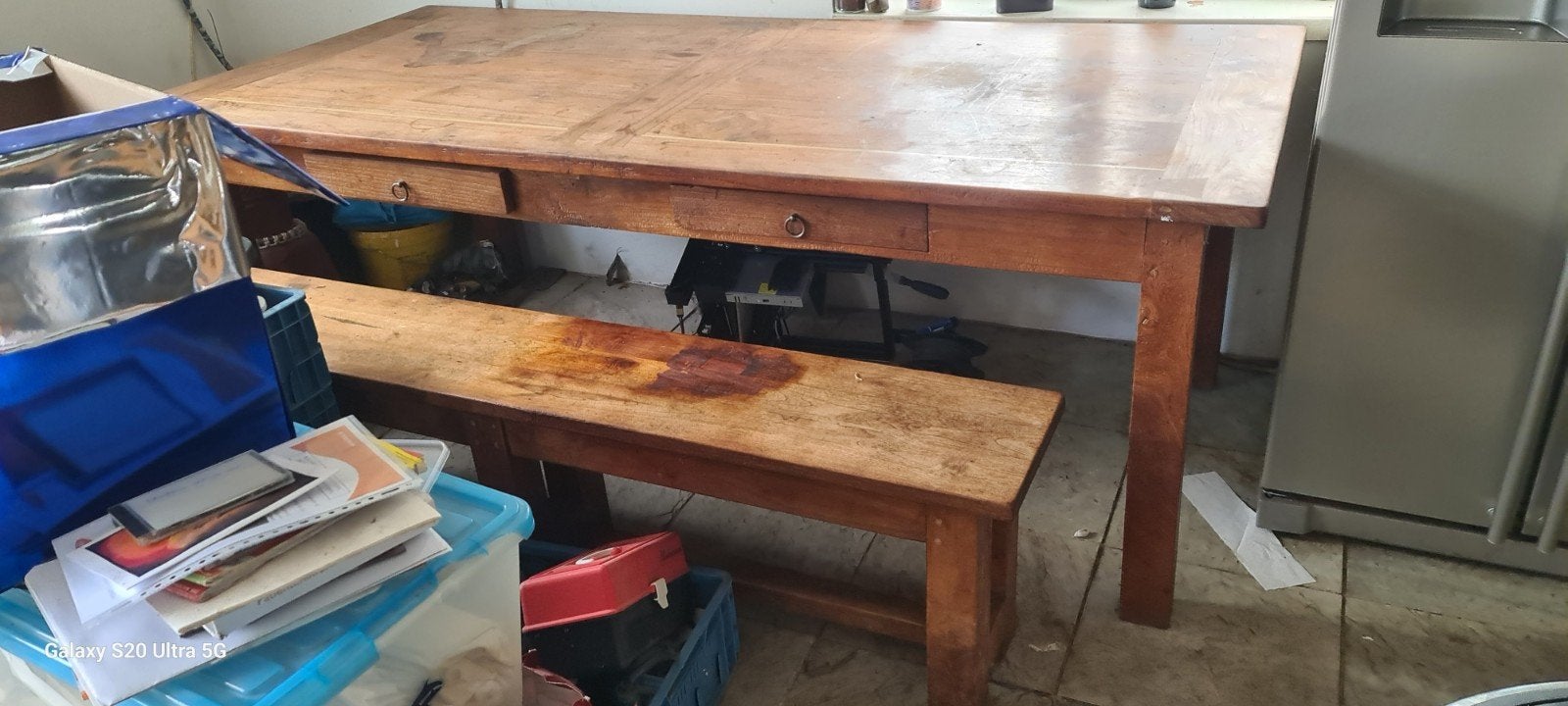 Teakhouten bankje met olievlek - ideaal voor eettafel, Ophalen