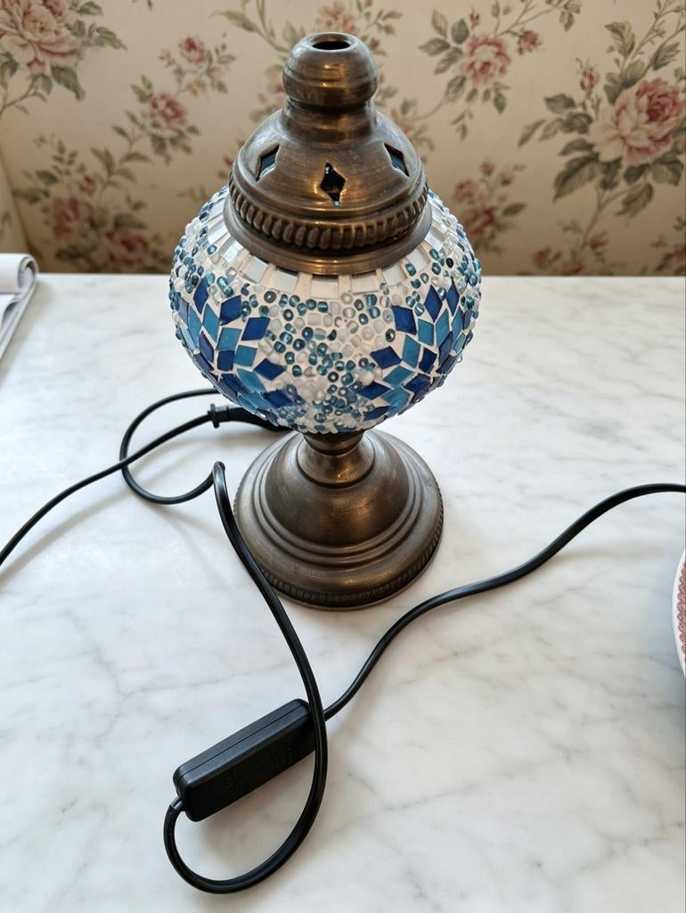 Turkse Mozaïek Tafellamp - Blauw/Wit, Huis en Inrichting, Ophalen of Verzenden, Zo goed als nieuw, Turks, Mozaïek, Oosters