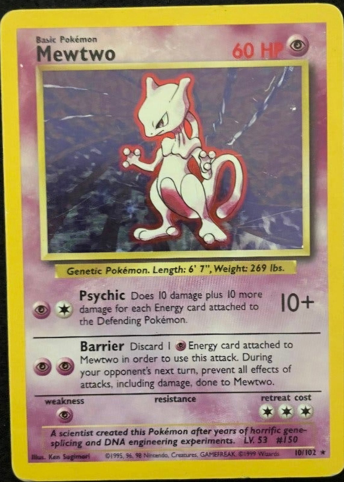 Mewtwo Pokémon Kaart 10/102 Base Set Holo Zeldzaam, Ophalen of Verzenden, Gebruikt, Losse kaart