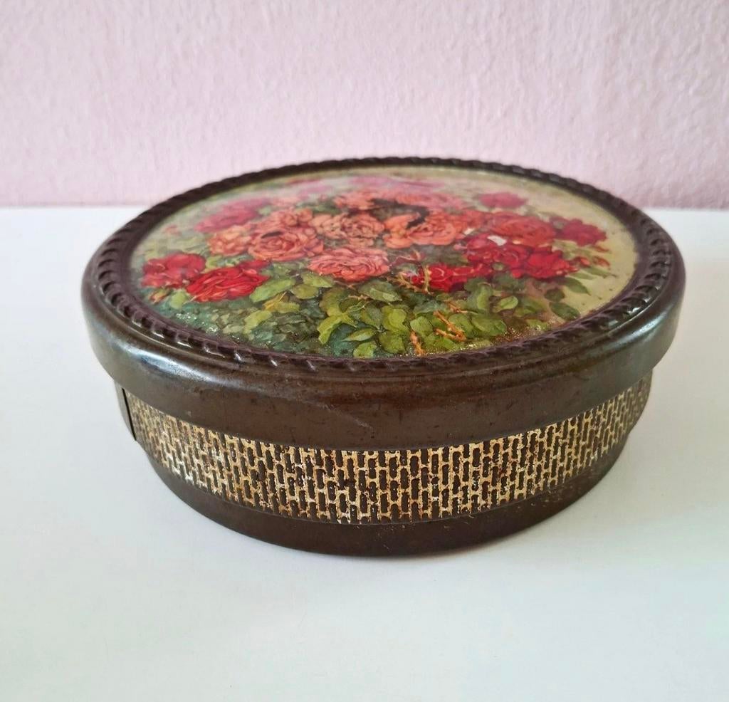 Vintage Koektrommel met Rozen - Ø 20 cm, Antiek en Kunst, Ophalen of Verzenden