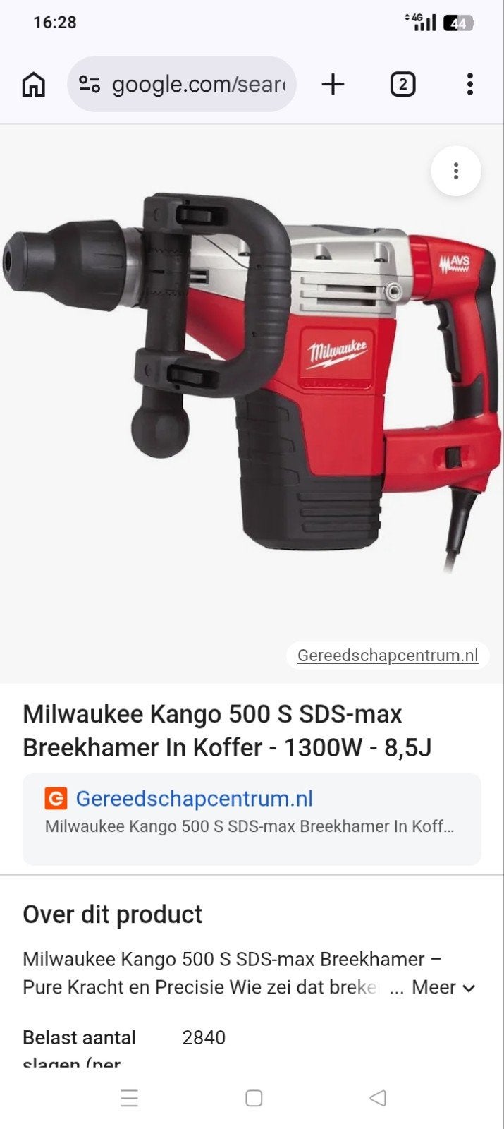 Milwaukee Kango 500 S SDS-max Breekhamer - 1300W, Doe-het-zelf en Verbouw, Ophalen of Verzenden, Gebruikt, 600 watt of meer, Boor- en/of Breekhamer