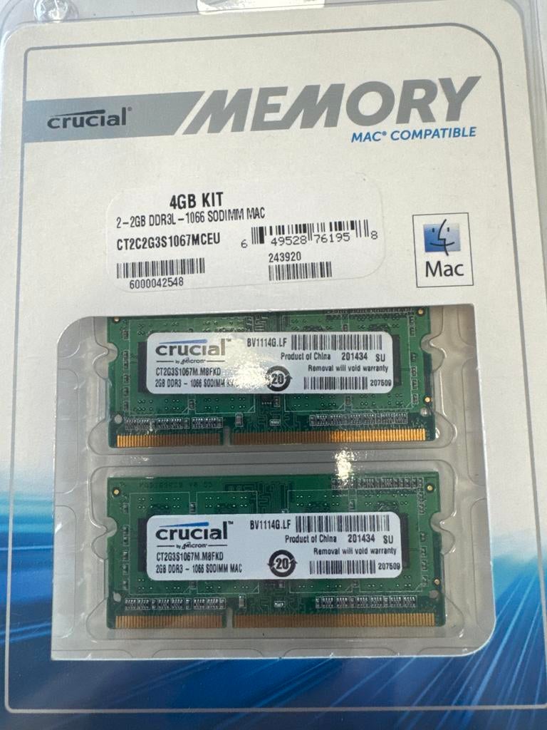 Crucial 4GB (2x2GB) DDR3L 1066 SODIMM RAM voor Mac, Nieuw, DDR3, Ophalen of Verzenden, Laptop