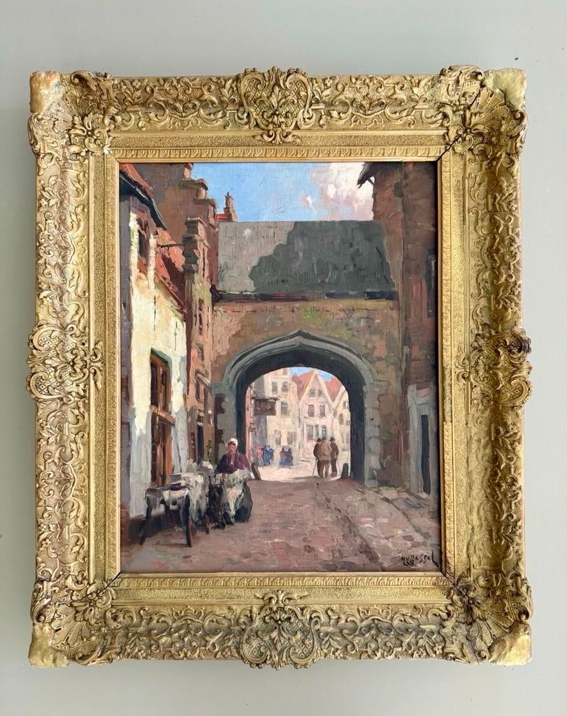 Olieverfschilderij: Stadsgezicht met poort van G. Delfgaauw, Antiek en Kunst, Kunst | Schilderijen | Klassiek, Ophalen