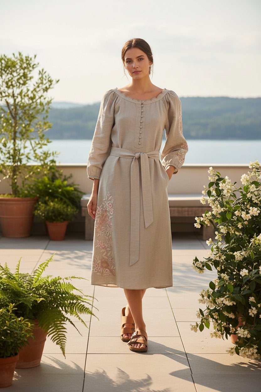 Gustav linnen/viscose jurk met borduursels, maat 40, Kleding | Dames, Maat 38/40 (M), Beige, Ophalen of Verzenden, Zo goed als nieuw