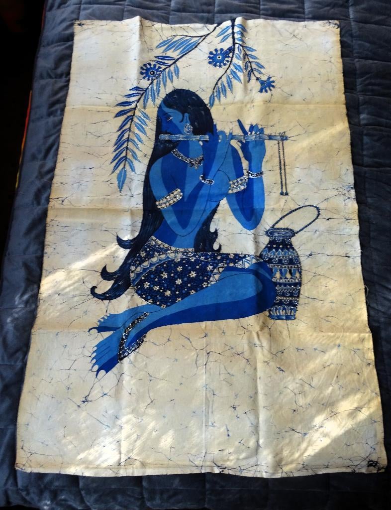 Batik wandkleedje op katoen Krishna met fluit, Verzenden