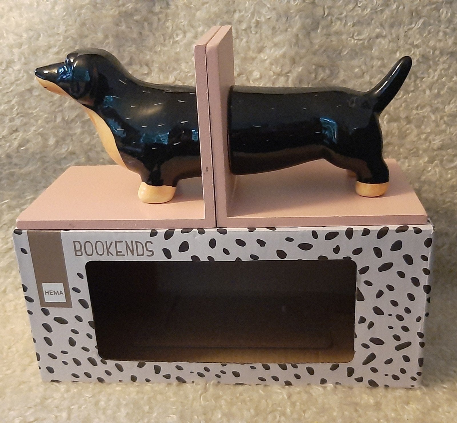 Set boekensteunen hout en keramiek hond teckel, Ophalen of Verzenden