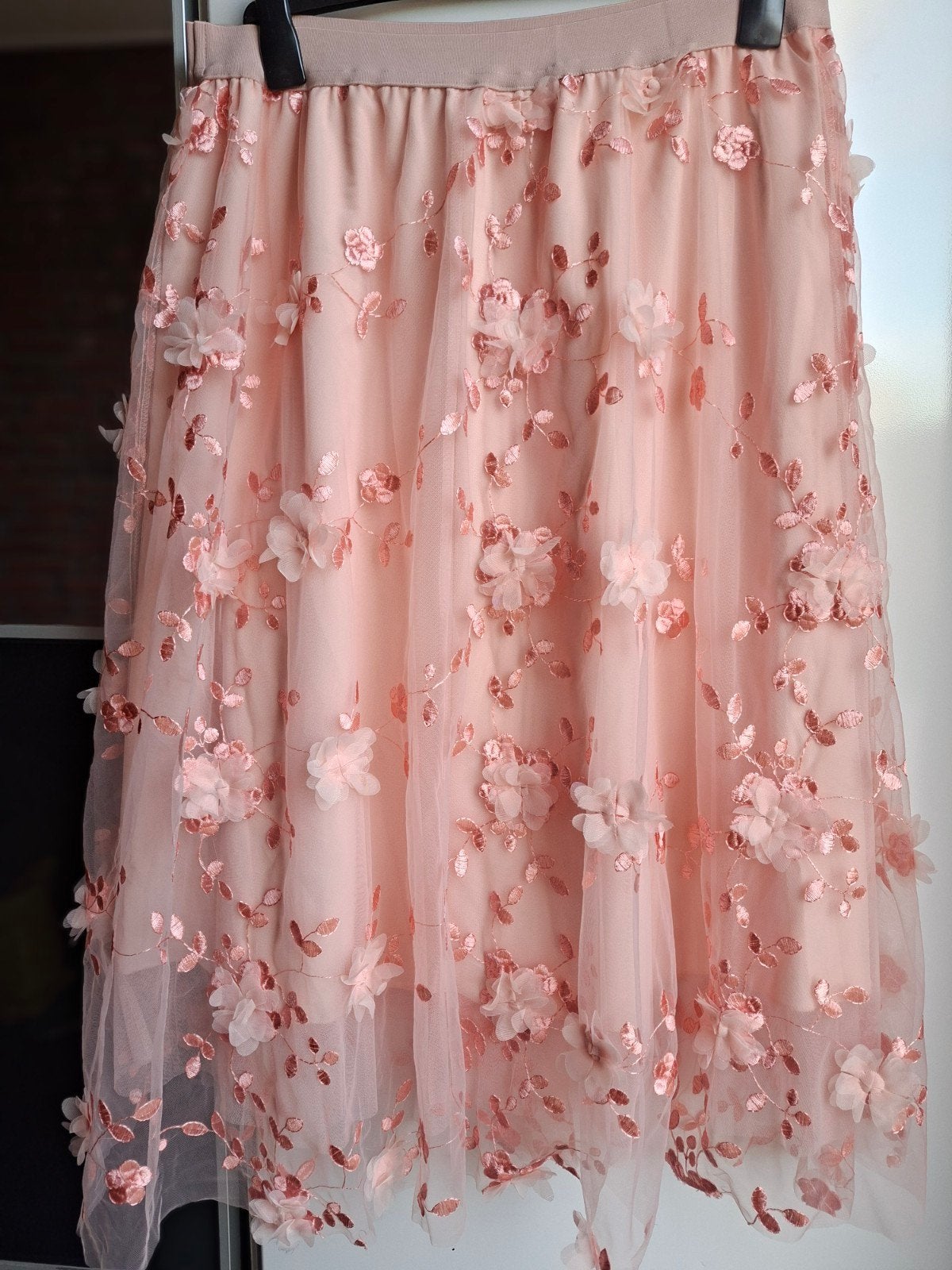 Roze tule rok met bloemen - Maat L3, Maat 38/40 (M), Ophalen of Verzenden, Roze, Onder de knie