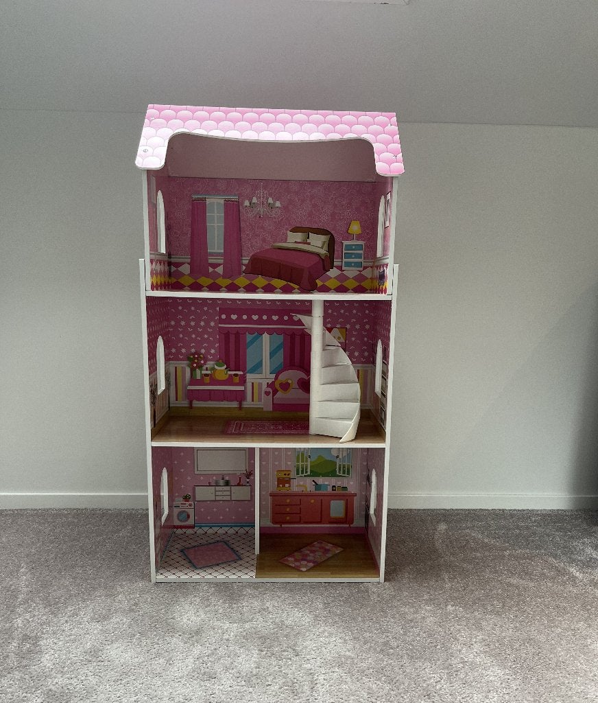 Nieuw Super leuk poppenhuis met 3 etages en wenteltrap +, Ophalen, Nieuw, Poppenhuis