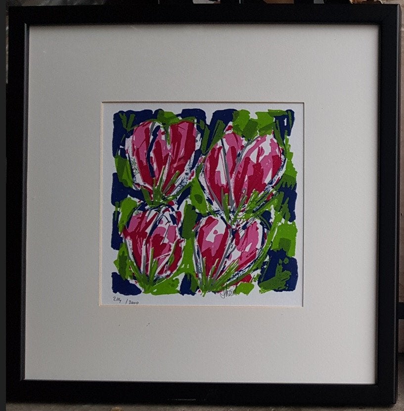 Zeefdruk "Tulpen" van Ad van Hassel, Ophalen, Gelimiteerde oplage, Lithografie, Dieren en Natuur