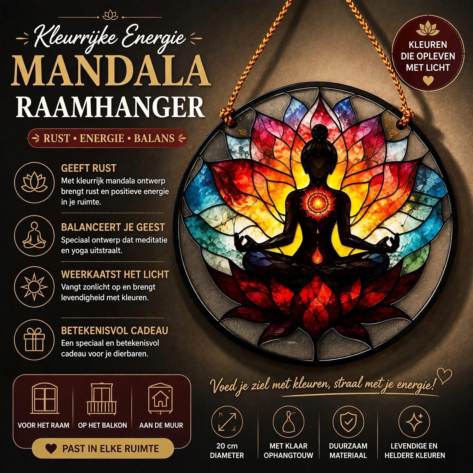 Kleurrijke Mandala Raamhanger - Rust, Energie, Balans, Meerkleurig, Nieuw, Ophalen of Verzenden, Oosters