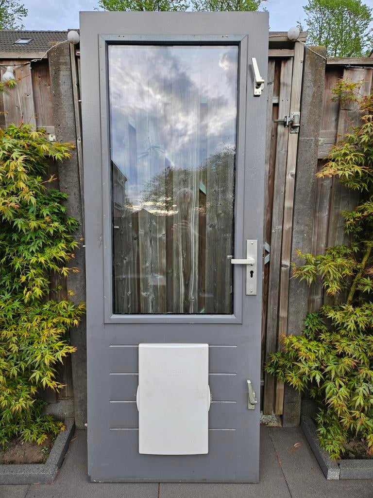 Hardhouten achterdeur met glas + beslag+hondenluik 80,3x211, Ophalen, Gebruikt, 200 tot 215 cm, Glas