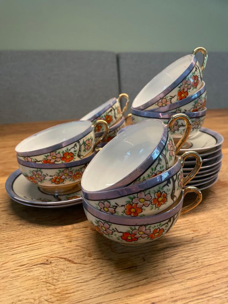 Vintage Japans theeservies met bloesem en vogels, Antiek en Kunst, Ophalen