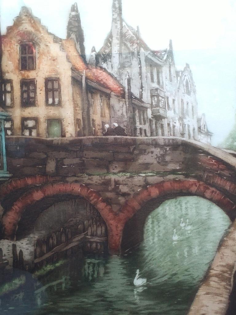 Mooie oude ingelijste litho van Brussel door Jef Codron., Ophalen of Verzenden