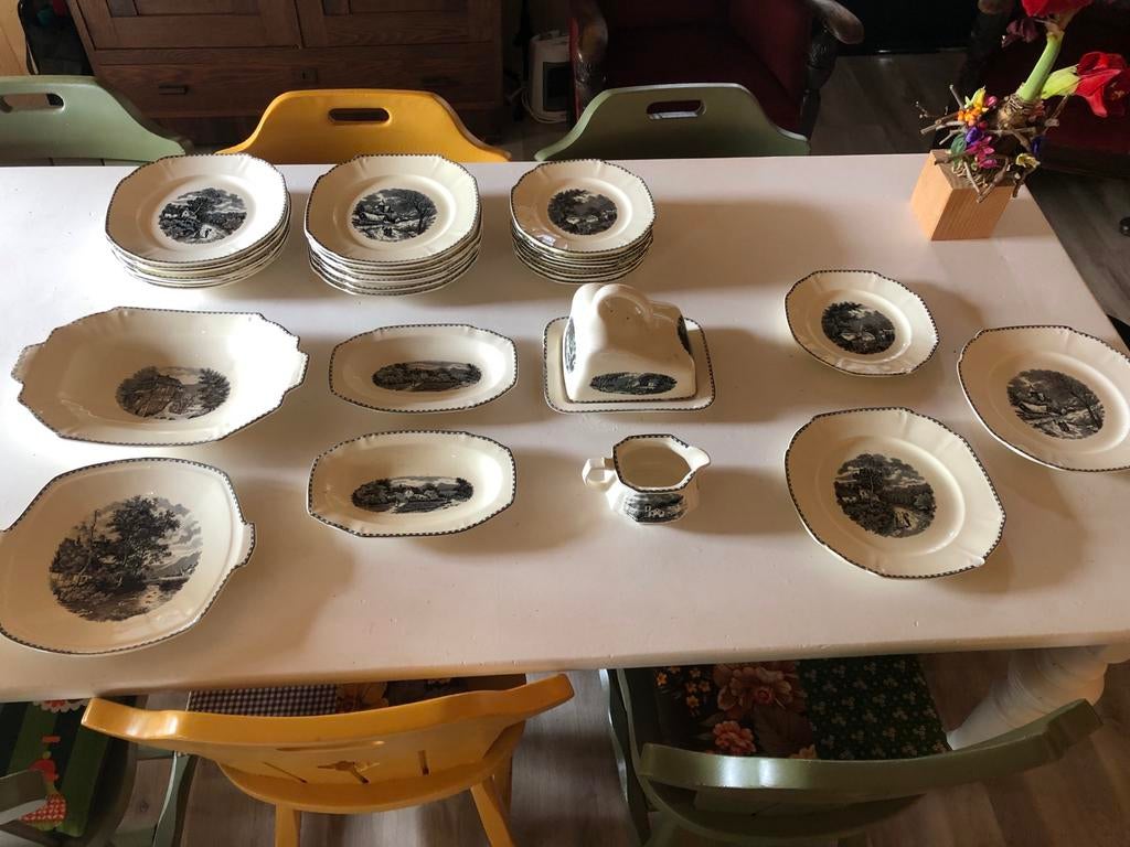 Vintage keramiek servies met landschap decor, Ophalen