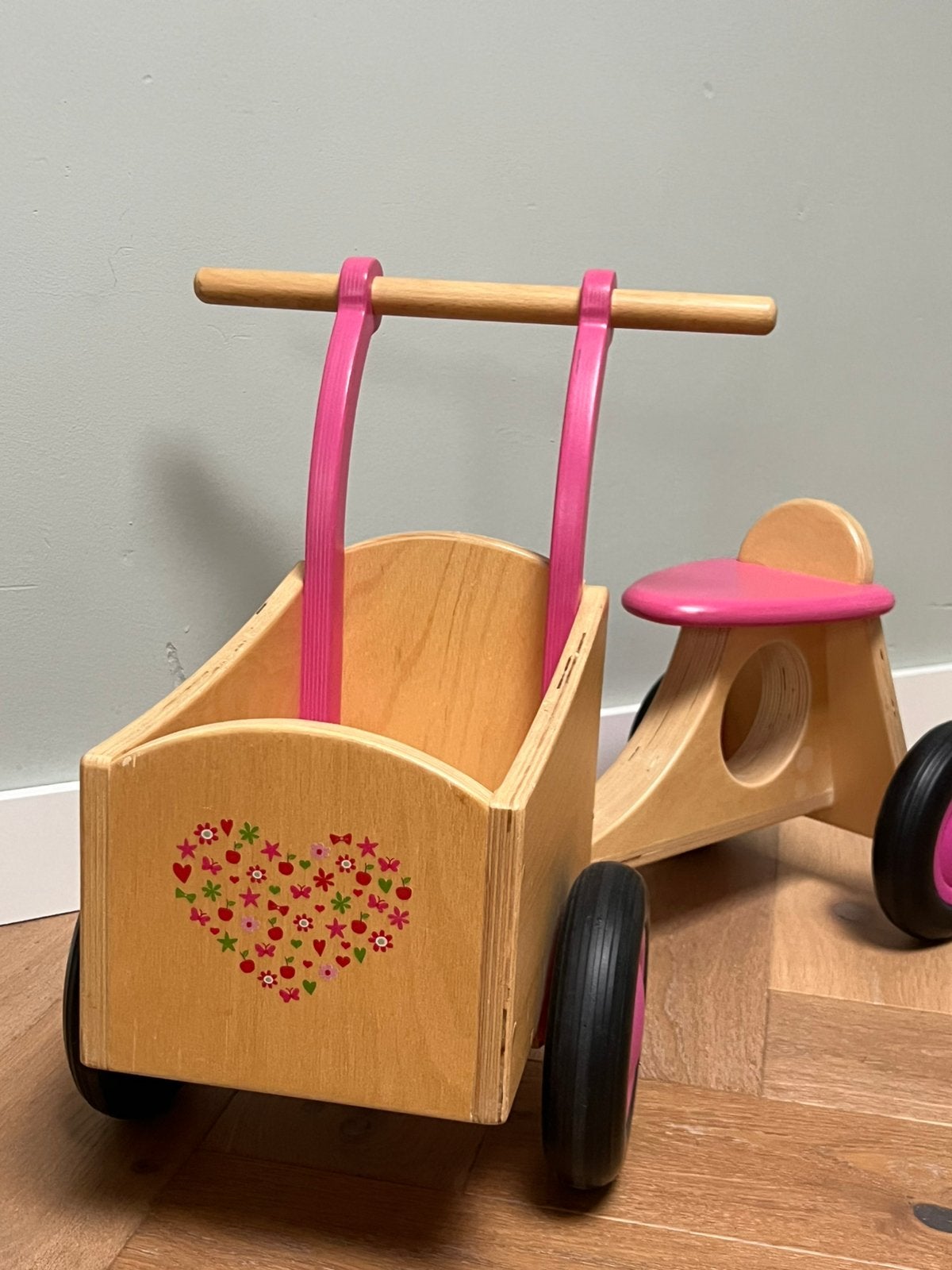 Roze Van Dijk Toys berkenhouten bakfiets / loopfiets, Kinderen en Baby's, Speelgoed | Buiten | Voertuigen en Loopfietsen, Ophalen of Verzenden