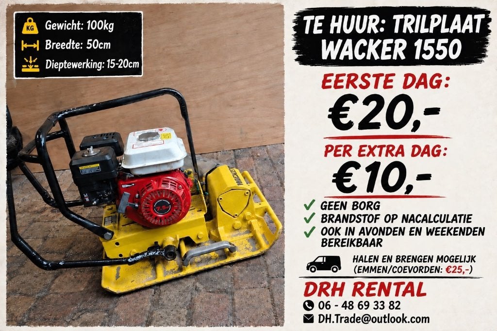 Trilplaat 100kg te huur (Wacker 1550), Ophalen of Verzenden, Nieuw, Overige soorten, Wacker/Weber/Bomag/Revo