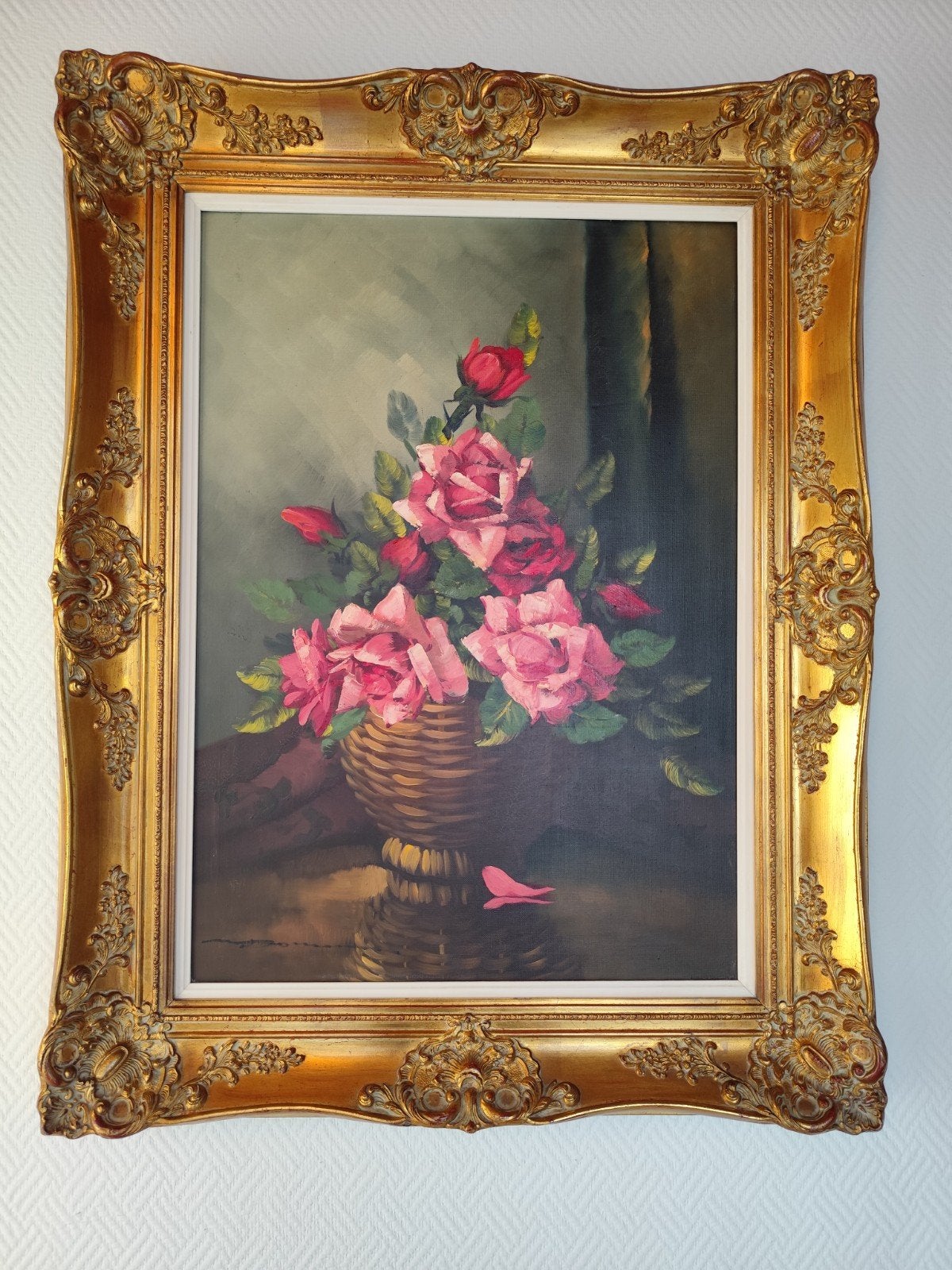 Schilderij met rozen in gouden lijst, Doek, Realistisch, Ophalen, Bloemen