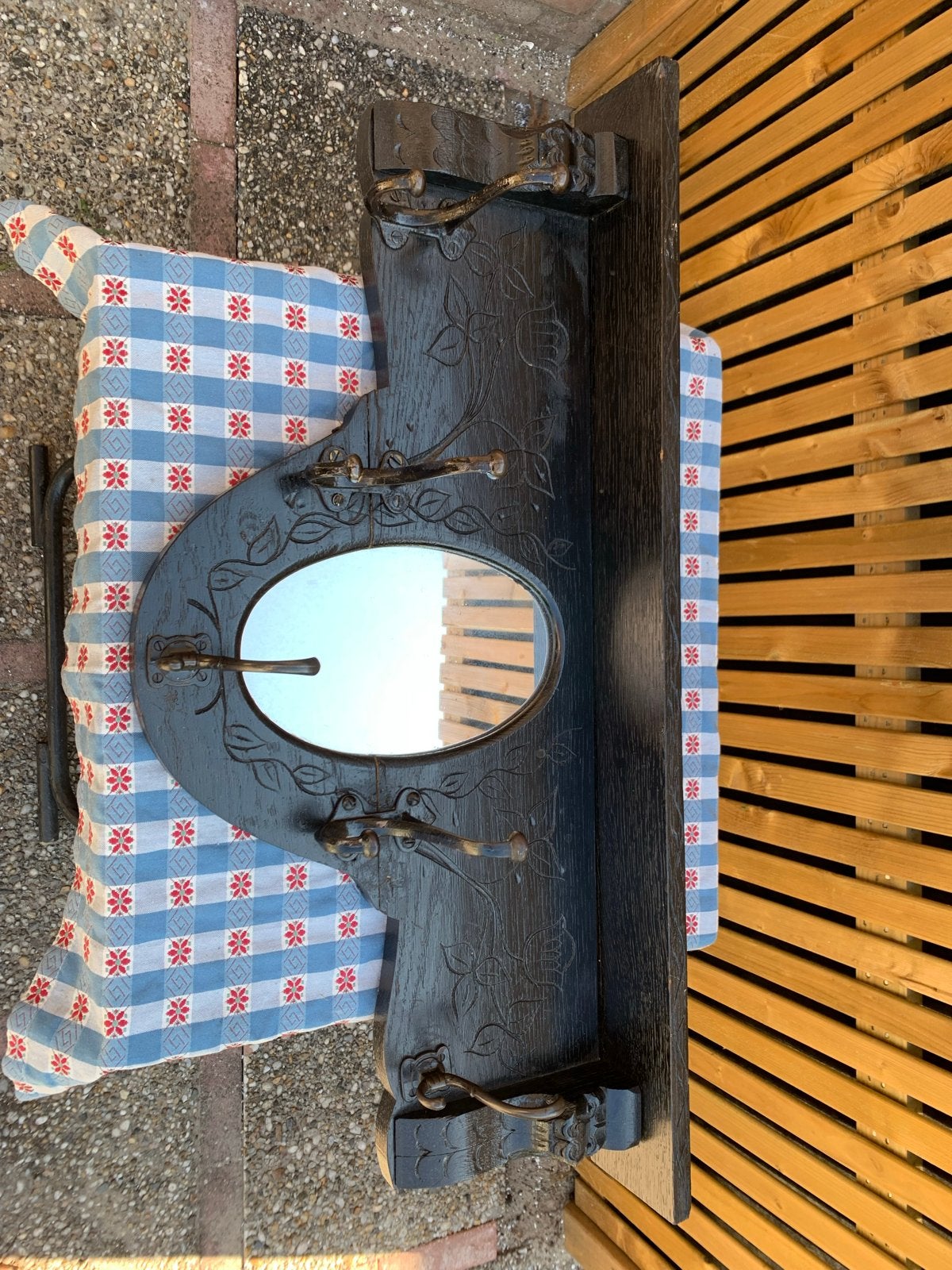 Antieke kapstok met spiegel en houtsnijwerk, Ophalen of Verzenden