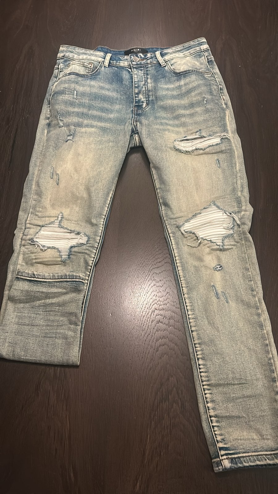 Amiri Patched Jeans - Stijlvolle Designer Denim, Ophalen of Verzenden, Gedragen, Blauw, Overige jeansmaten