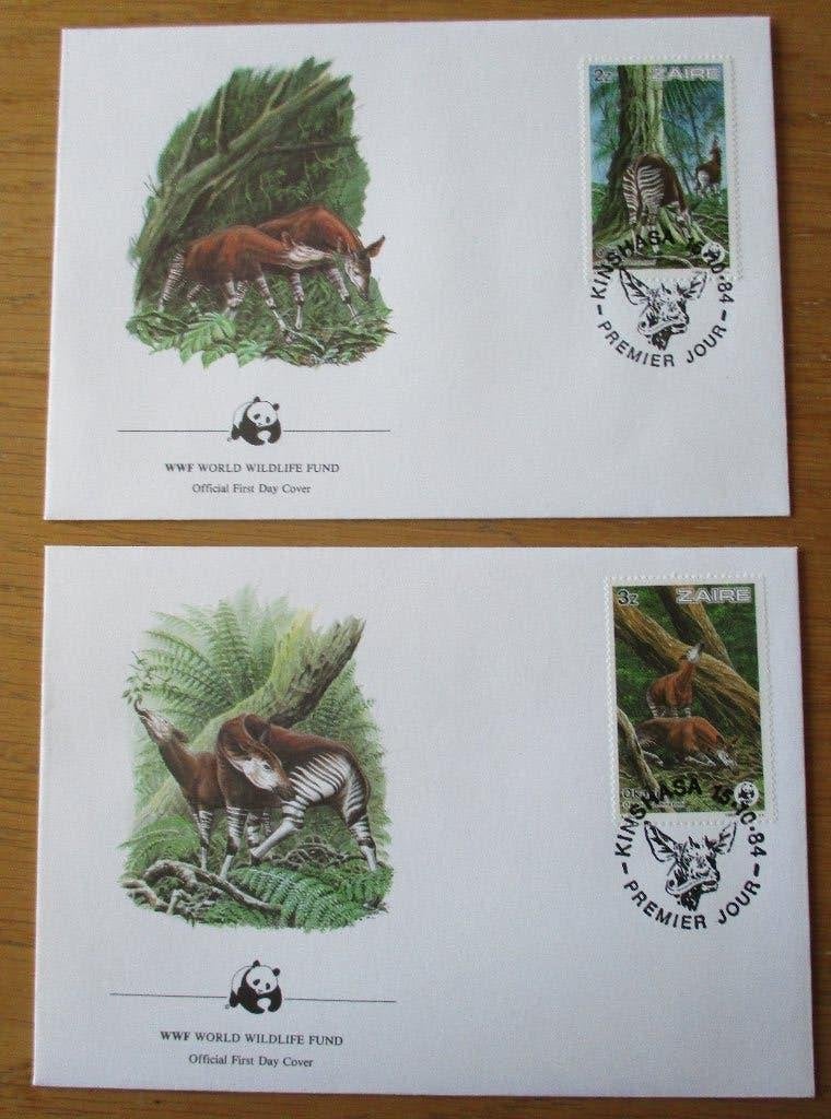 Zaïre, WWF serie FDC's Okapi, 1984, Verzenden, Gestempeld, Dier of Natuur