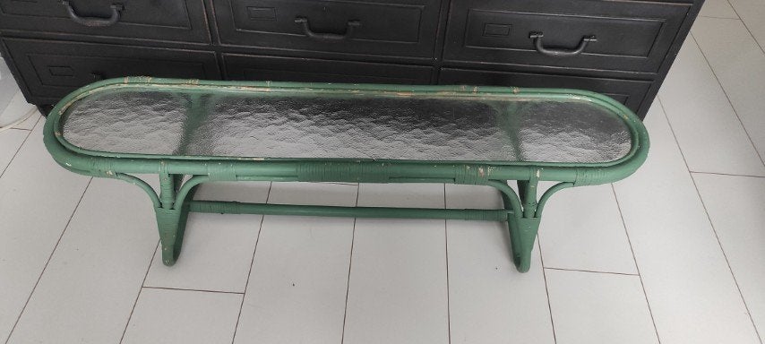 Vintage rotan side table plantentafel groen met glas, Huis en Inrichting, Ophalen, Gebruikt, 100 tot 150 cm, Glas