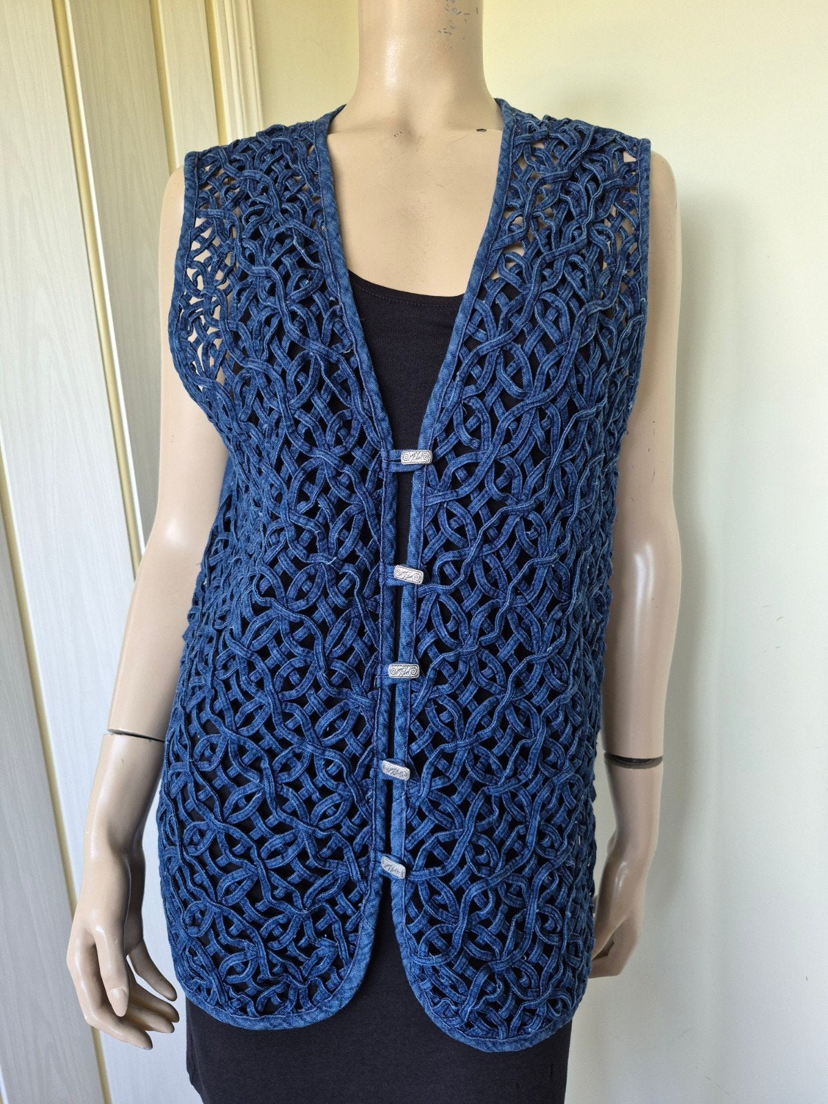 vintage denim open-weave / soutache gilet maat M/L, Maat 38/40 (M), Blauw, Ophalen of Verzenden, Zo goed als nieuw