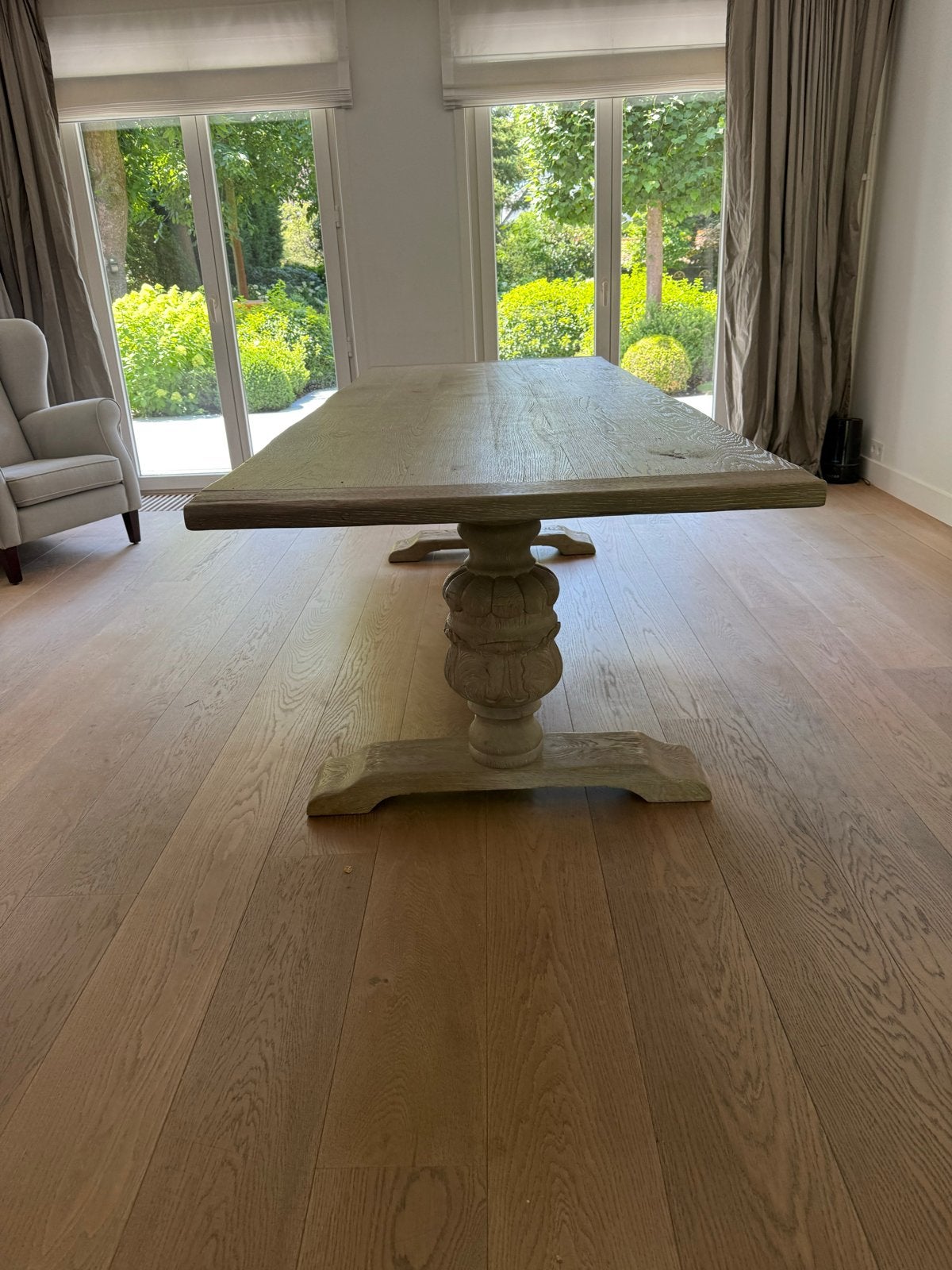 Robuuste eikenhouten eettafel met gedraaide poten, Ophalen, Eikenhout, 200 cm of meer, 50 tot 100 cm