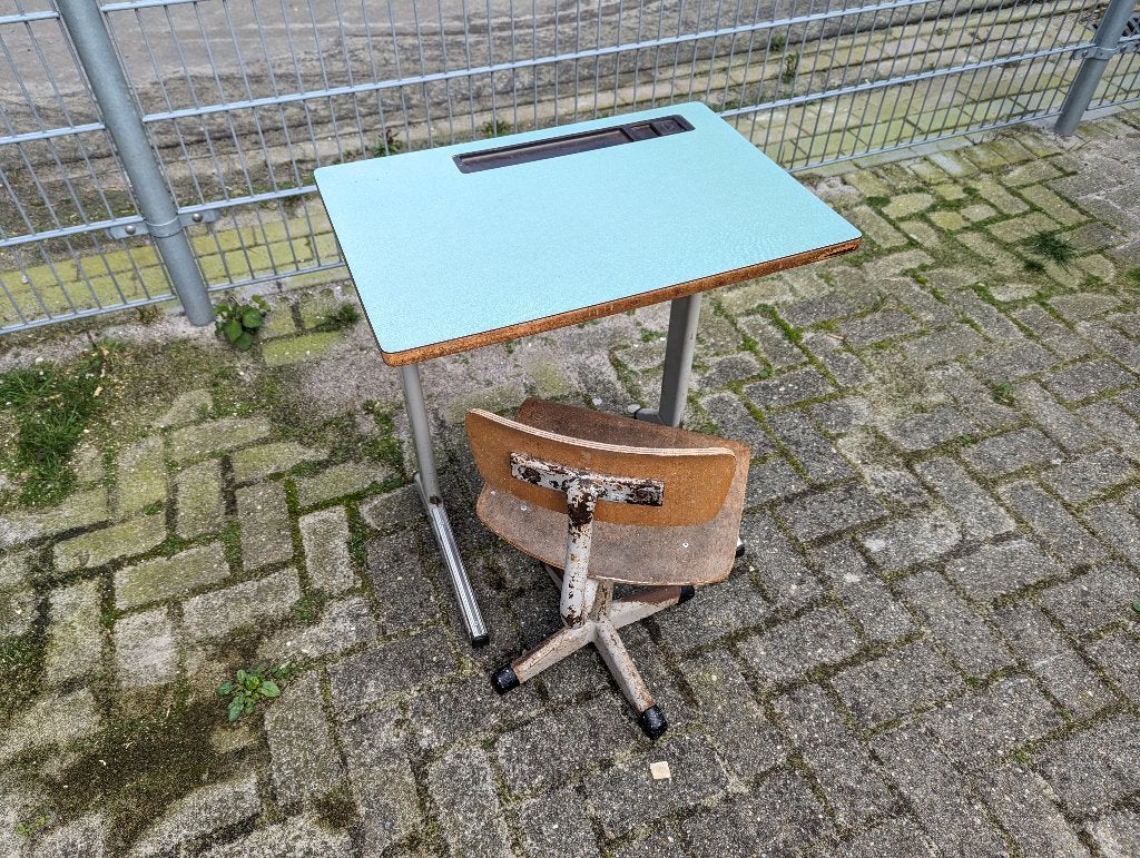 Vintage schoolbankje met stoeltje, Ophalen, Gebruikt, Tafel(s) en Stoel(en)