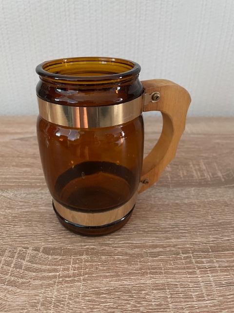 Bruine Bierpul met houten Handgreep, Ophalen of Verzenden, Gebruikt, Pul(len), Overige merken