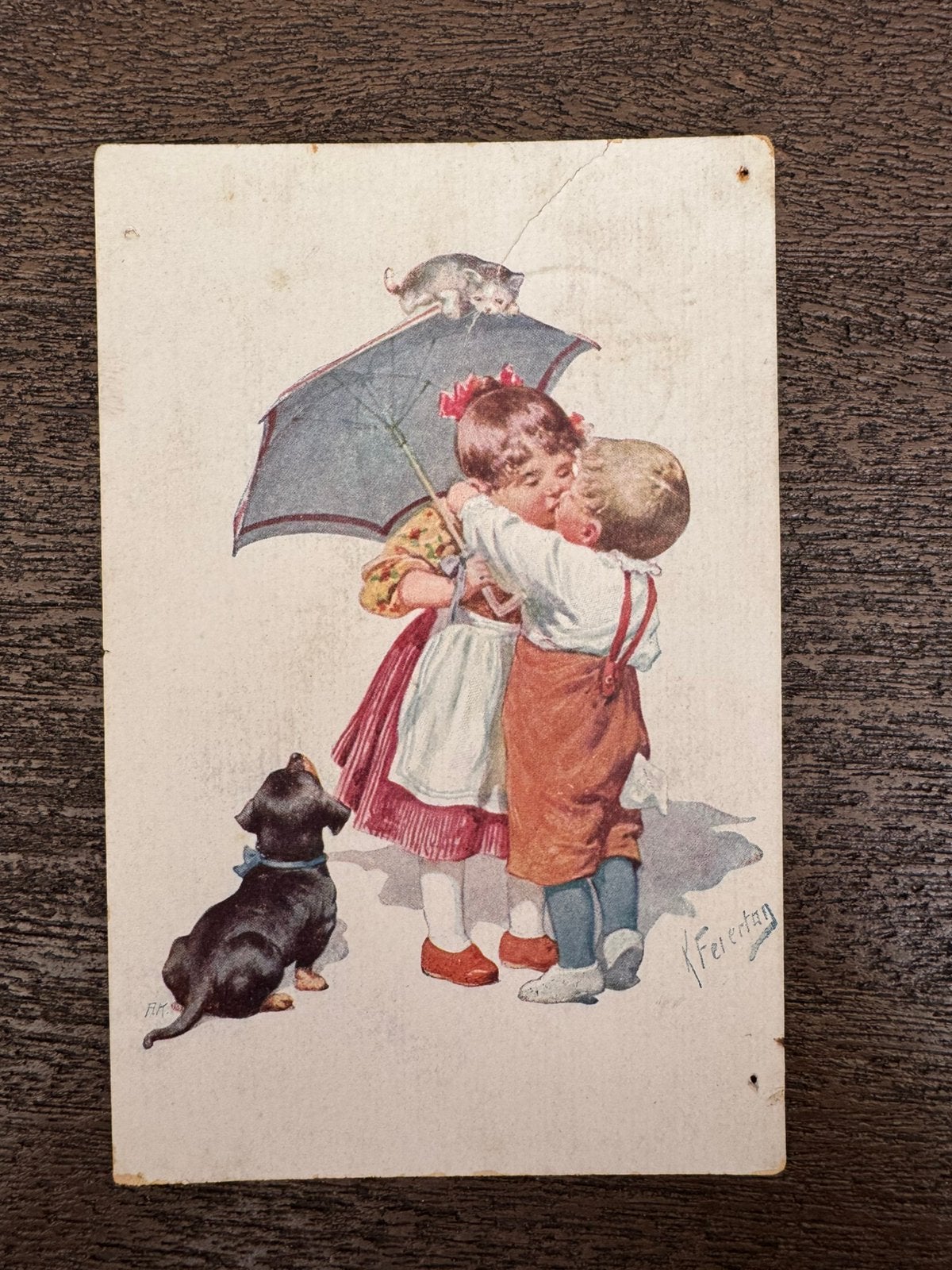 Feiertag kusje met teckel en poes 1921, Ophalen of Verzenden, 1920 tot 1940, Overige thema's