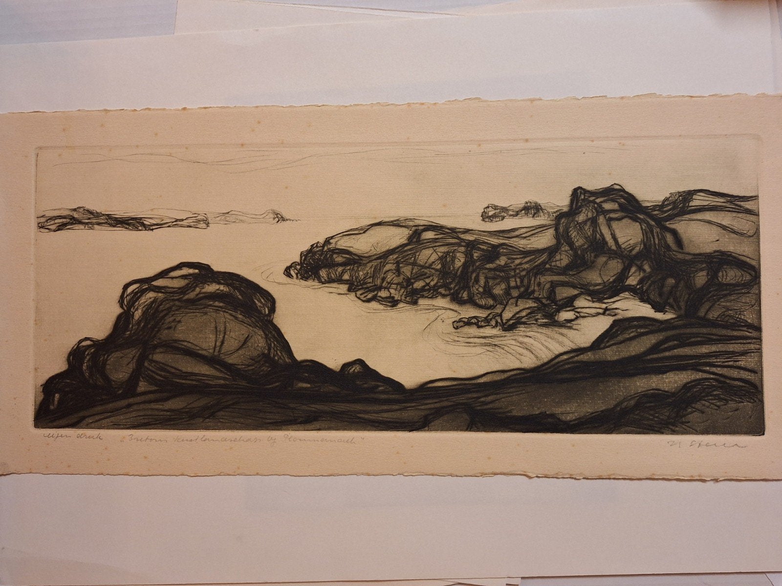 Abstracte ets van kustgezicht, gesigneerd, Ophalen of Verzenden, Landschap, Origineel, 1950 - 1999