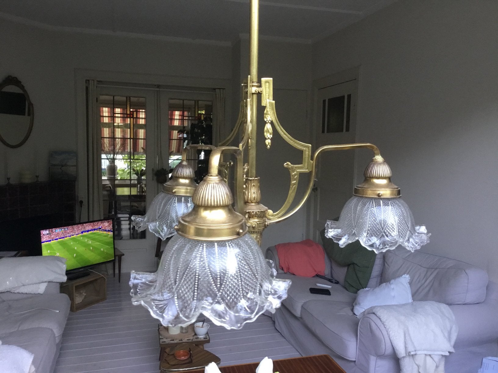 Art deco messing / brons achtige hanglamp. Met 3 kelken, Ophalen of Verzenden, Zo goed als nieuw
