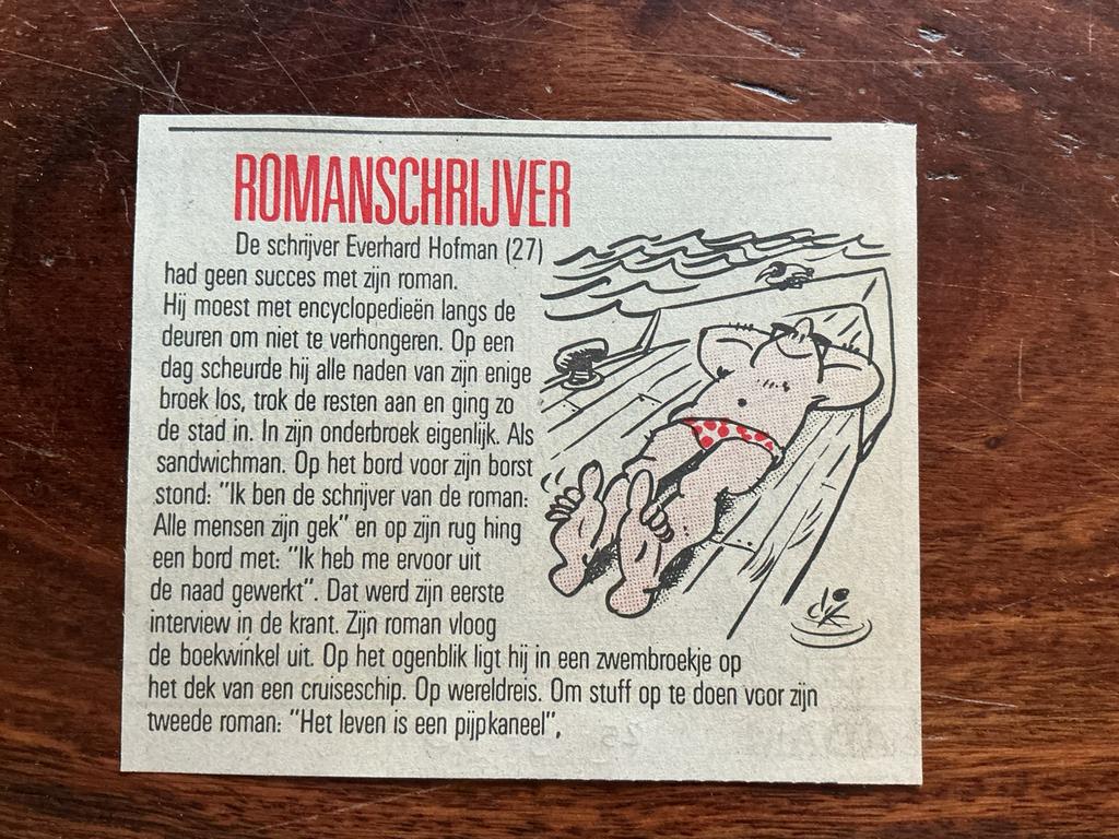 Karikatuur Dik Bruynesteyn Romanschrijver 1986 krantenartike, Ophalen of Verzenden, Knipsel(s)