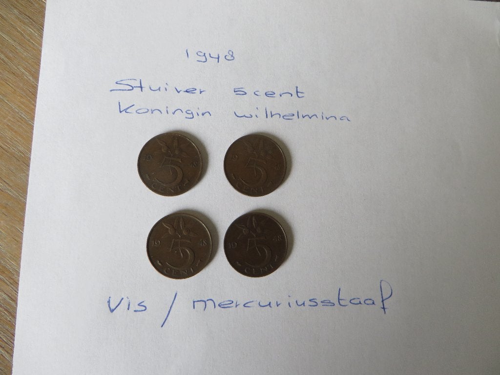 Stuiver 5 Cent 1948 Koningin Wilhelmina 4 stuks, Postzegels en Munten, Munten | Nederland, Ophalen of Verzenden, Koningin Wilhelmina