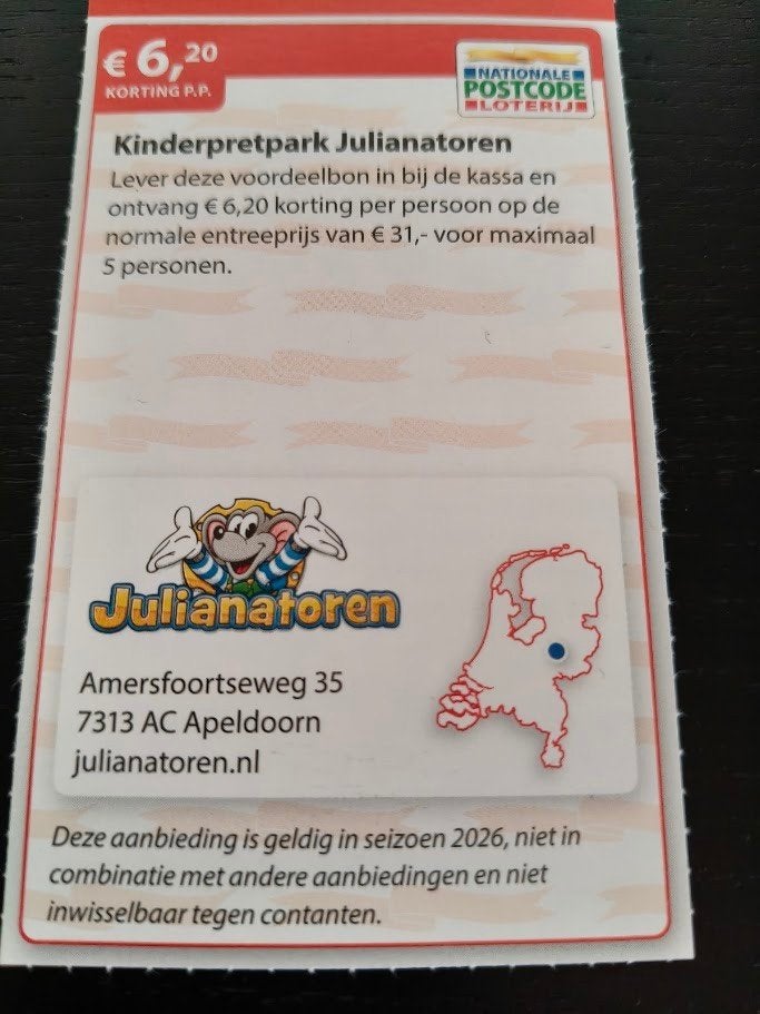 3 kortingsbonnen van de postcode loterij, Tickets en Kaartjes, Drie personen of meer, Kortingsbon