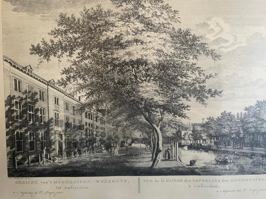 Antieke Gravure: Gezicht mennoniten weeshuis Amsterdam, Antiek en Kunst, Kunst | Etsen en Gravures, Ophalen of Verzenden