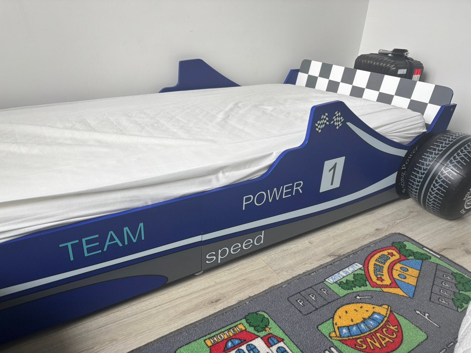 Raceauto kinderbed - Blauw met wielen met matras en bodem, Ophalen, Gebruikt, 70 tot 85 cm, Matras