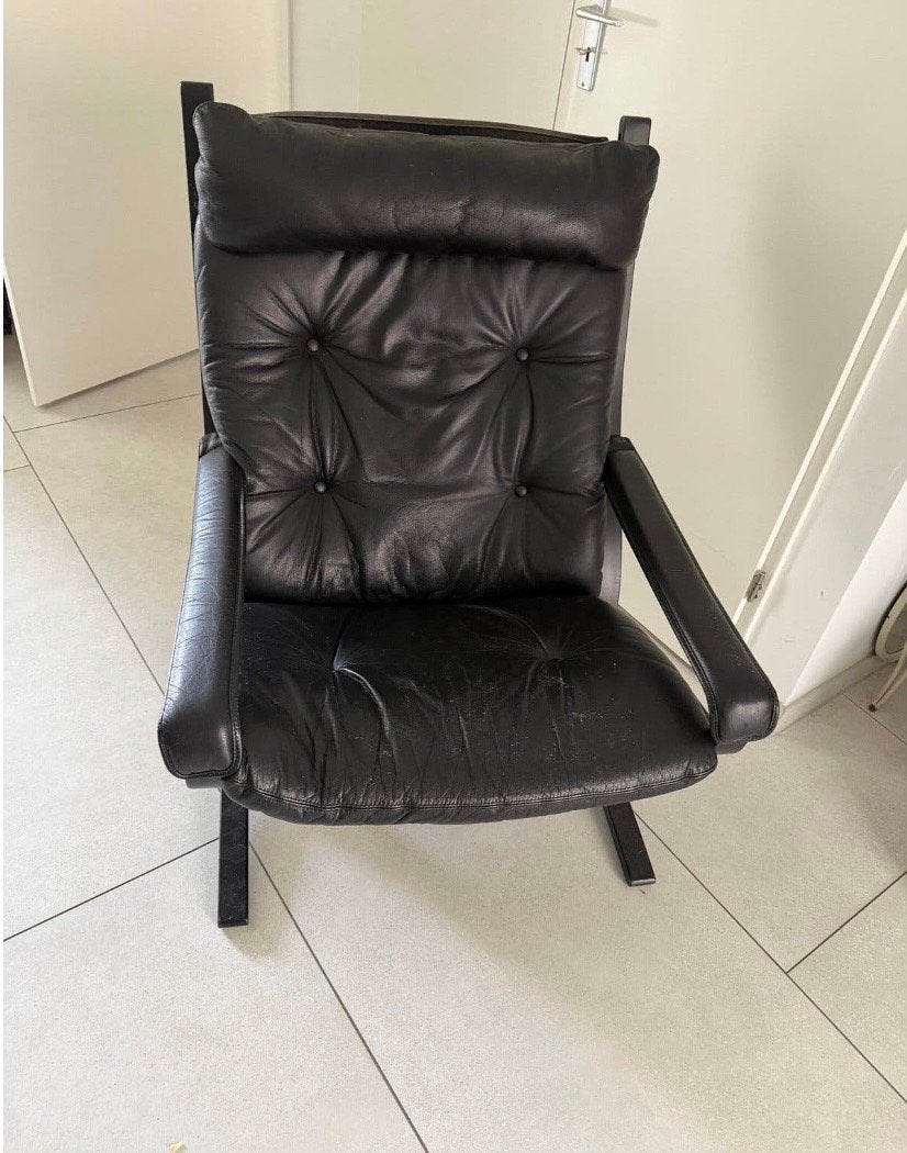 Vintage Ingmar Relling fauteuil in zwart leer, Ophalen of Verzenden, Gebruikt, Hout, 75 tot 100 cm