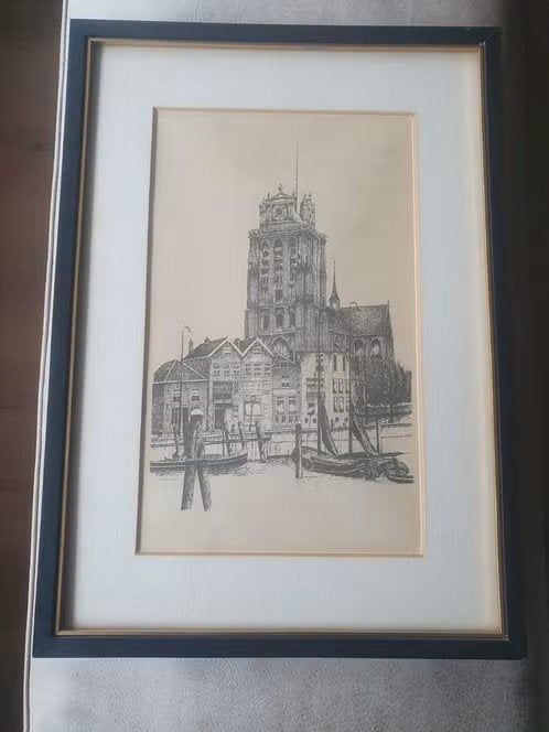 litho Dordrecht Grote Kerk en Bomkade., Ophalen